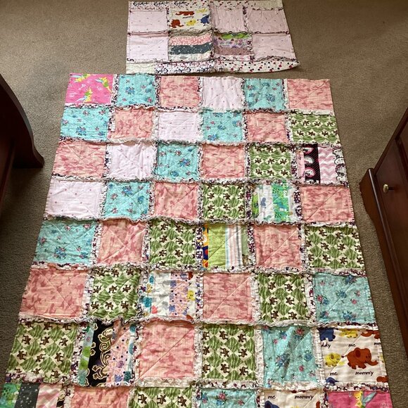 Handmade Rag Quilt + Matching Pillow Case 53” X  41” Small Twin Bedding - Picture 1 of 11